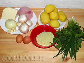 Картофельные зразы с грибами, ветчиной, сыром и зеленью