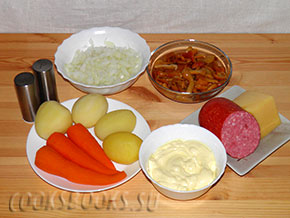 Салат с ветчиной, грибами, овощами