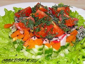 Салат Весенний с сельдереем, огурцом, перцем, редисом и помидорами